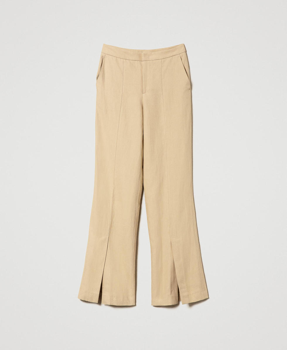 Linen twill trousers with slits Woman, Beige | TWINSET Milano Linen twill trousers with slits Woman, Beige | TWINSET Milano