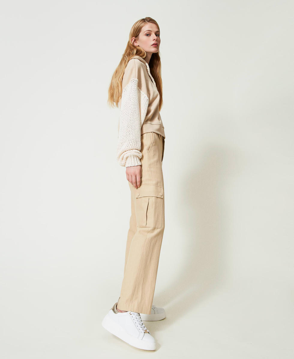 Linen twill cargo trousers Woman, Beige