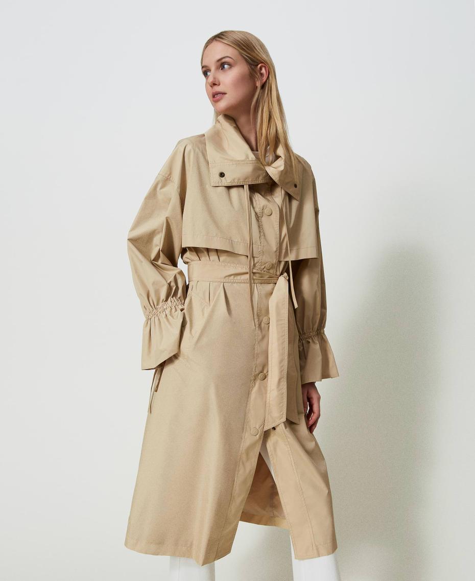 Taffeta trench coat with belt "Almond Milk” Beige Woman 241TP2570_11308_03