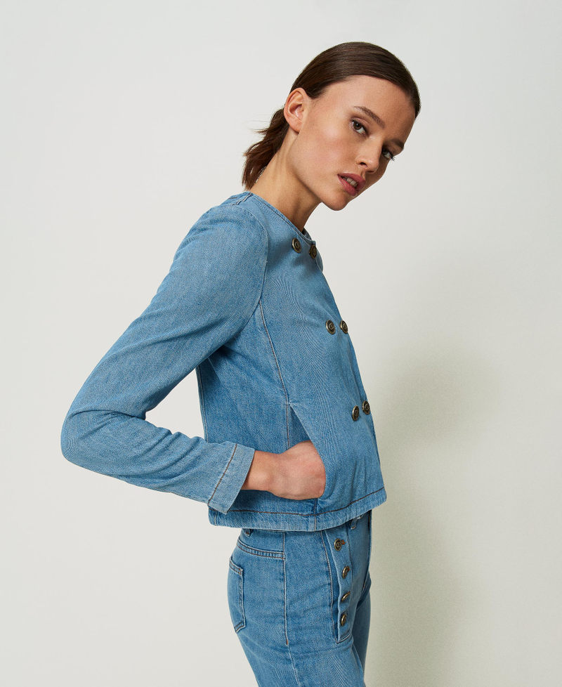 Mandarin collar denim jacket womens sale