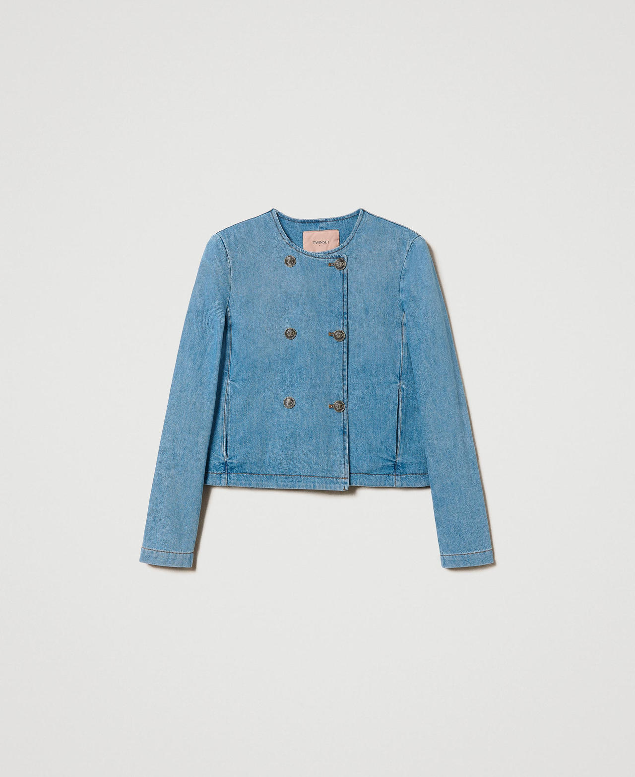 Grandad collar denim jacket shop