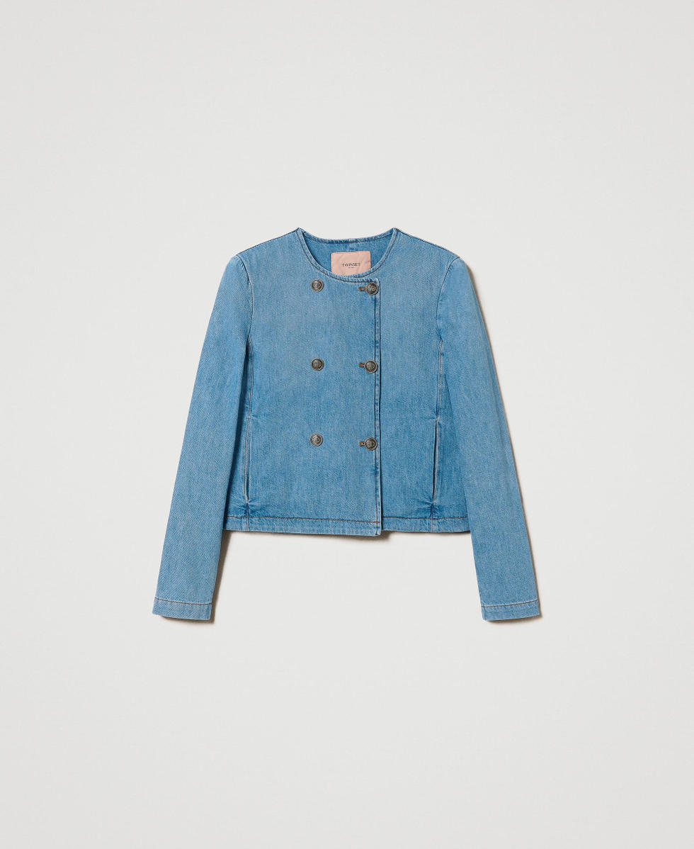 Denim jacket with mandarin collar