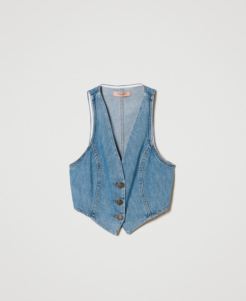 ￼ Eco Bio Washed Denim Jumper Vest Eco Bio Washed Denim Jumper Vest Sleeveless Knit Denim Vest