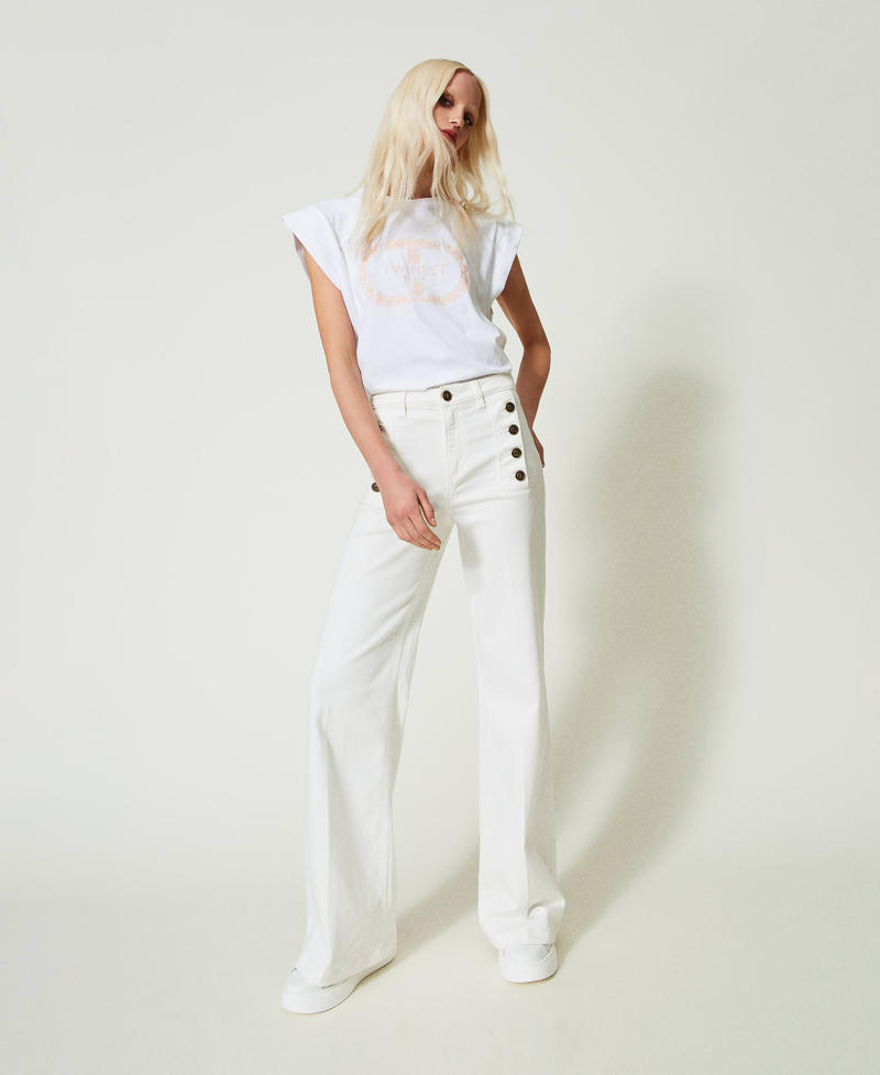 Jeans flare bianco con bottoni décor Denim Bianco Donna 241TP2641-0S