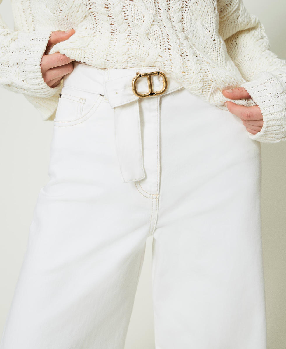 Wide leg white jeans with belt Woman, White | TWINSET Milano Wide leg white jeans with belt Woman, White | TWINSET Milano