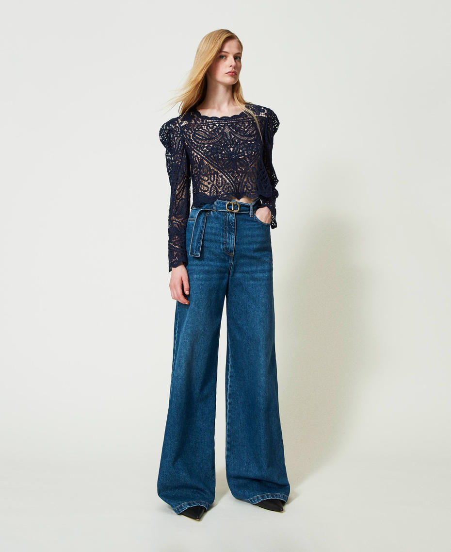 Wide leg jeans with belt Denim Woman 241TP2662-01