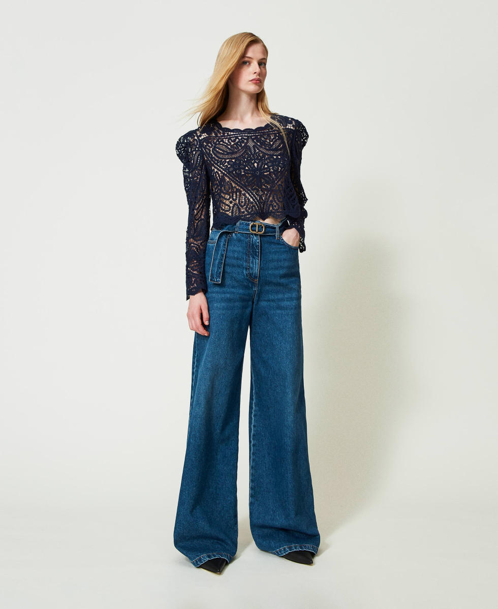 Wide leg jeans with belt Woman Blue TWINSET Milano