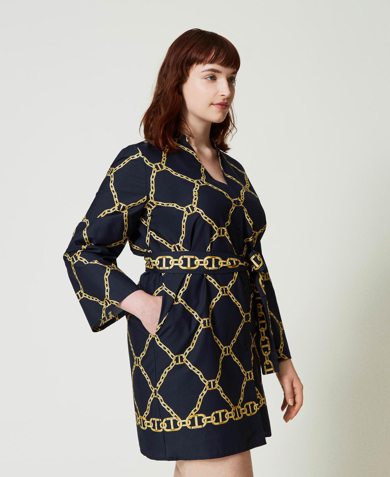 Short poplin dress with chain print