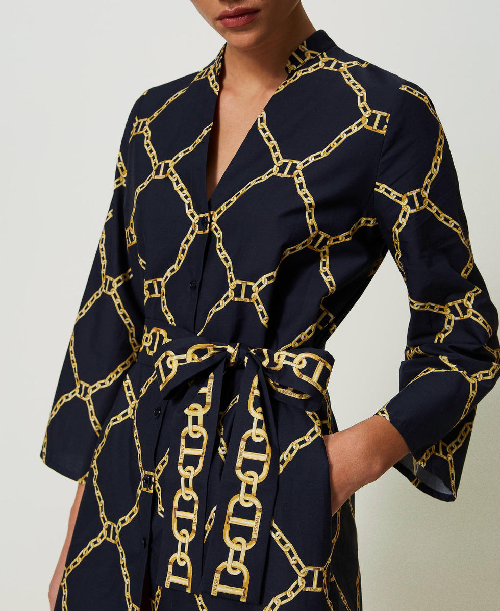 Short poplin dress with chain print Woman Black TWINSET Milano