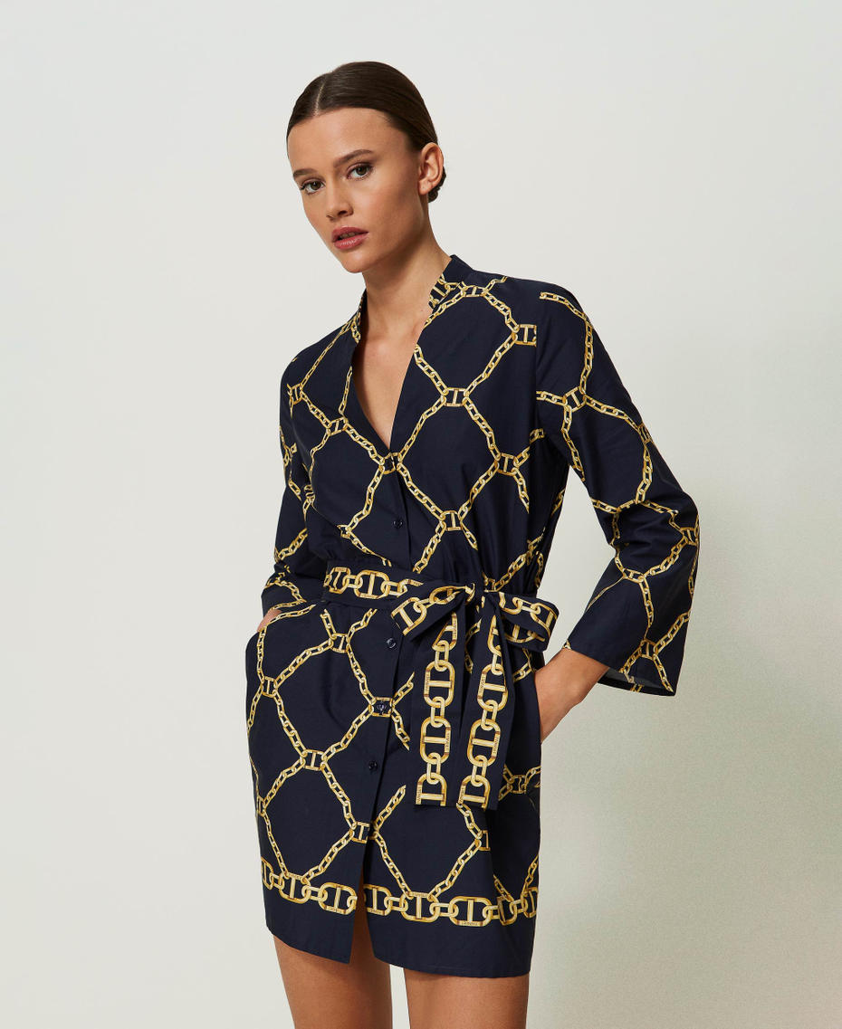 Short poplin dress with chain print