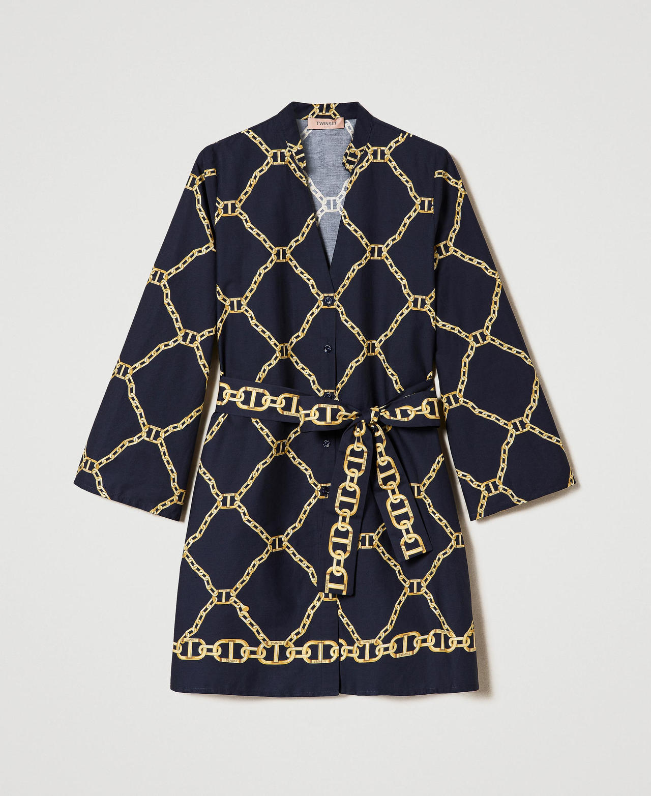 Short poplin dress with chain print