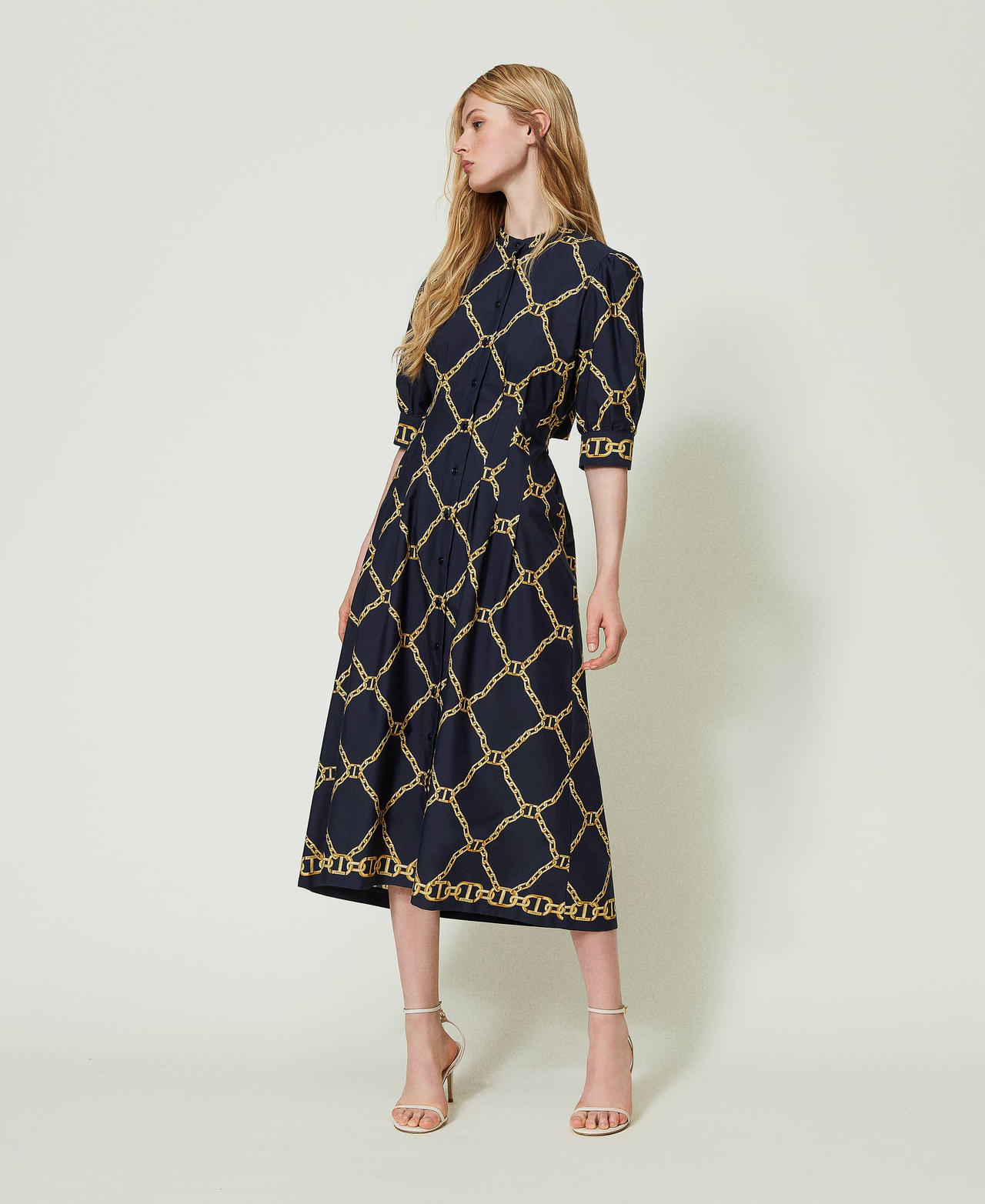 Midi poplin dress with chain print Woman Black TWINSET Milano