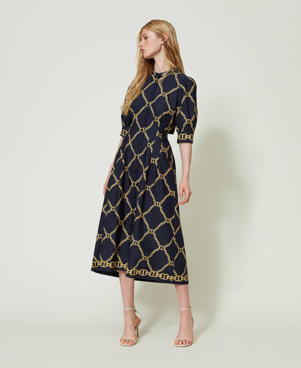 Midi poplin dress with chain print