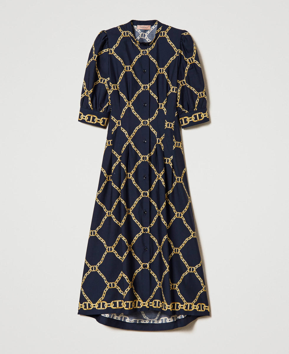 Midi poplin dress with chain print