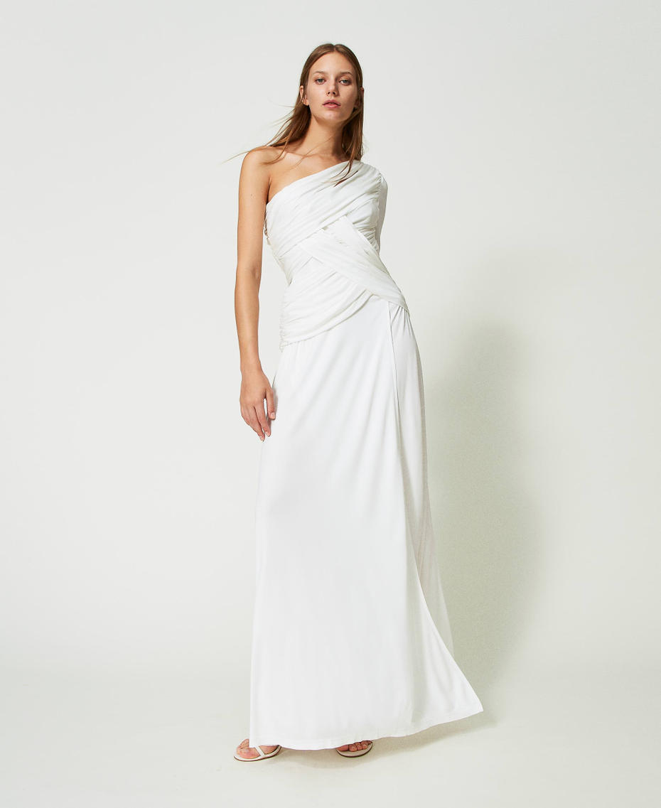 Long one-shoulder dress with draping