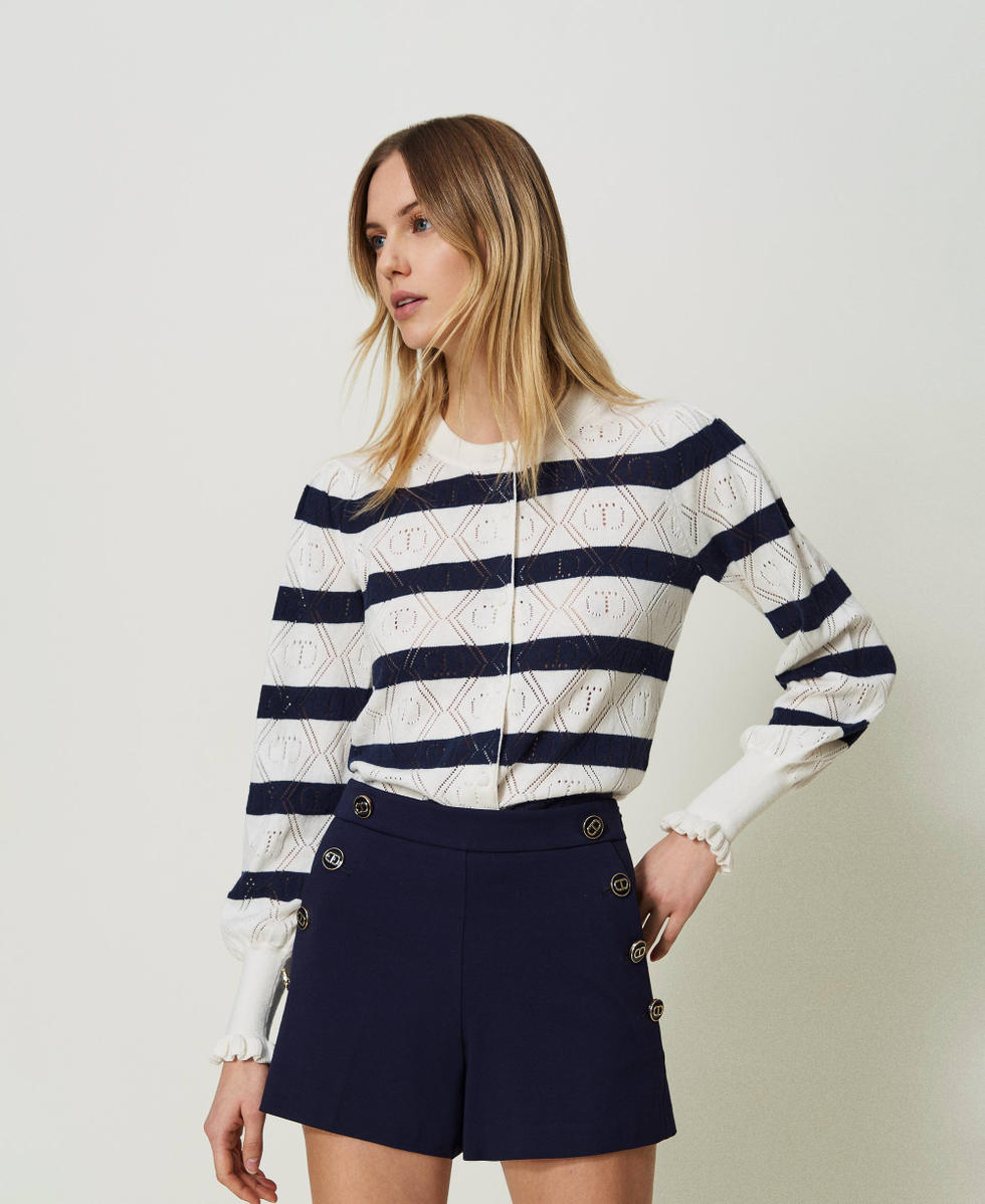 Cardigan ajour&eacute; avec Oval T Bicolore Blanc Neige/Mid Blue Femme 241TP3072_11463_01