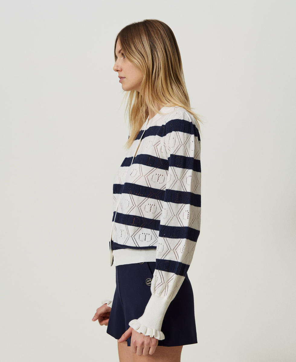 Cardigan ajour&eacute; avec Oval T Bicolore Blanc Neige/Mid Blue Femme 241TP3072_11463_02