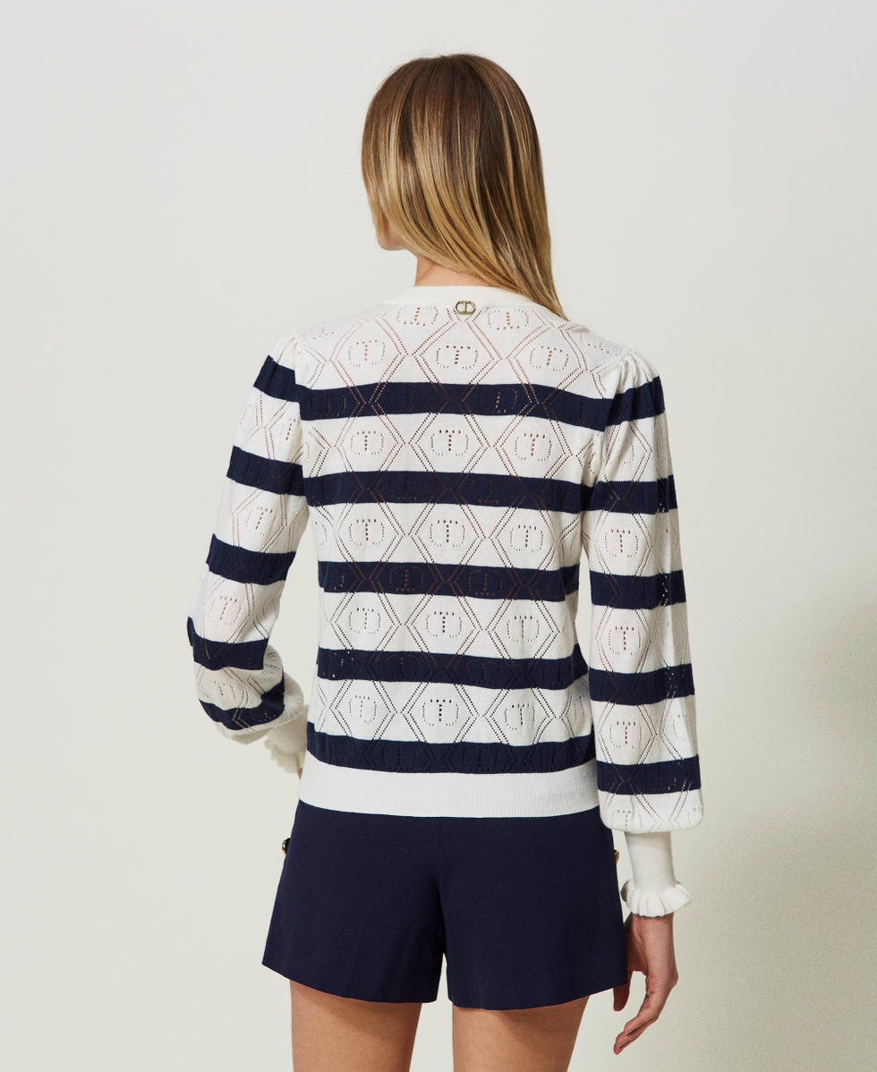 Cardigan ajour&eacute; avec Oval T Bicolore Blanc Neige/Mid Blue Femme 241TP3072_11463_03