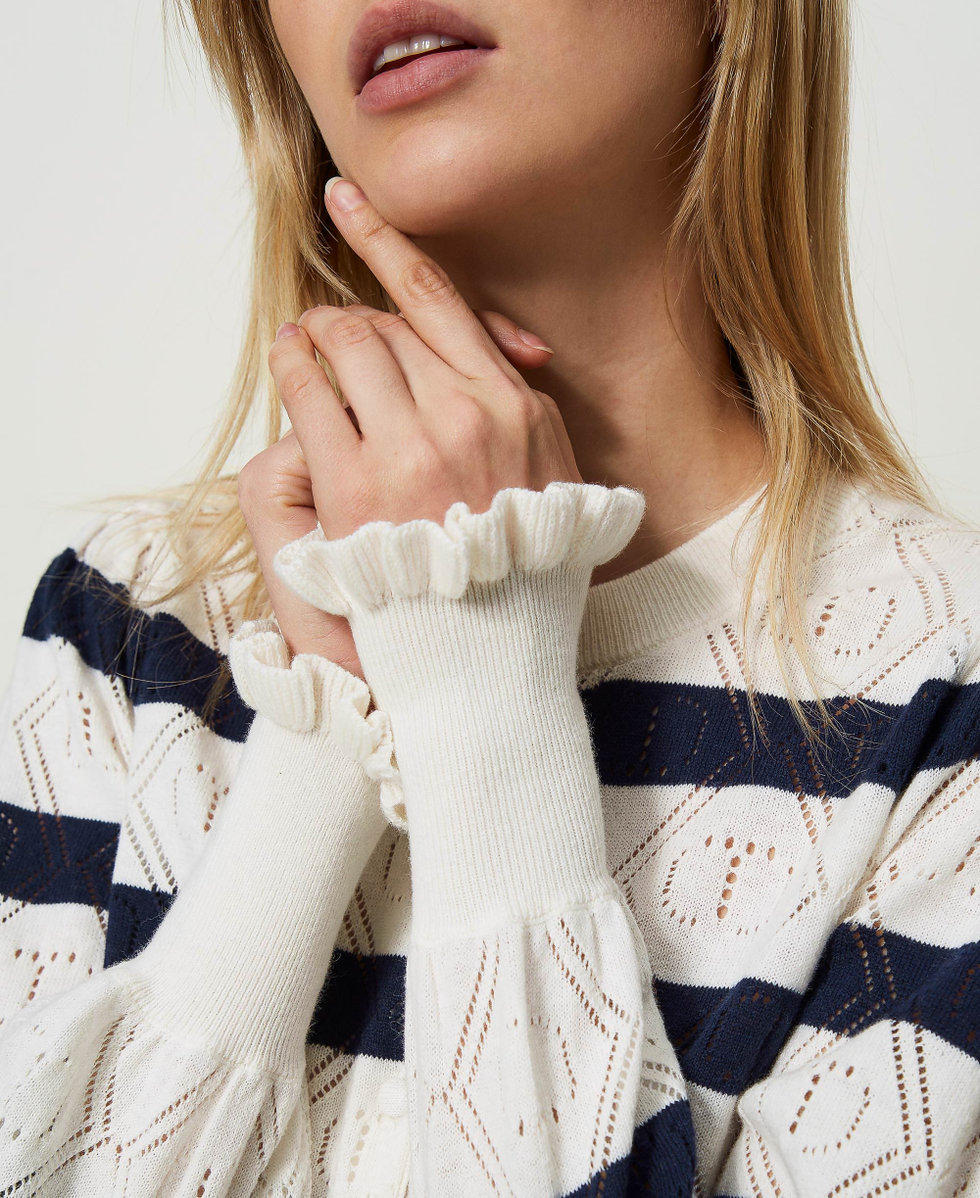 Cardigan ajour&eacute; avec Oval T Bicolore Blanc Neige/Mid Blue Femme 241TP3072_11463_04