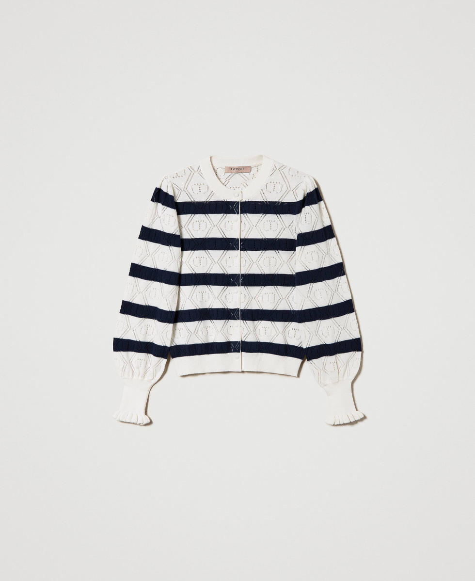 Cardigan ajour&eacute; avec Oval T Bicolore Blanc Neige/Mid Blue Femme 241TP3072_11463_S0