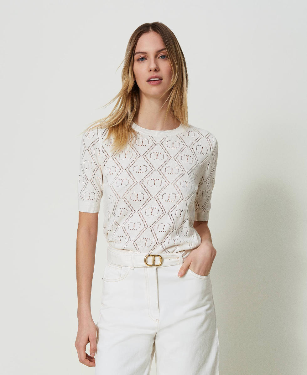 Kurzarmliger Pullover mit Oval T Durchbruchmuster Frau WeiB TWINSET Milano