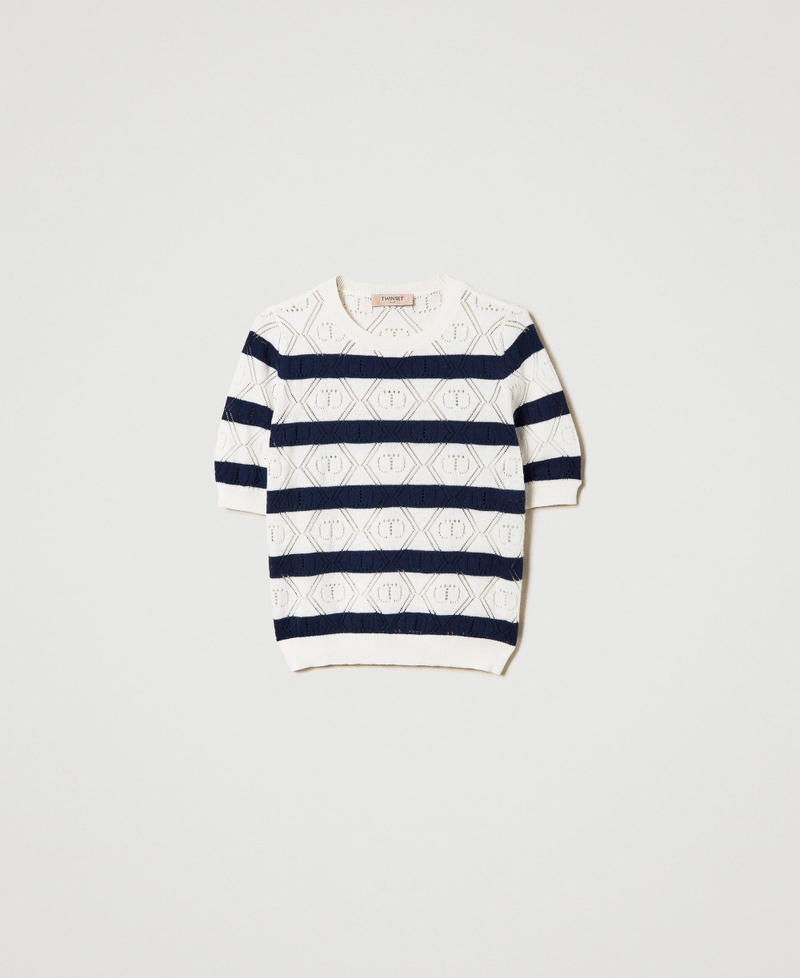 Kurzärmliger Pullover mit „Oval T“-Durchbruchmuster Zweifarbig Schnee / Mid Blue Frau 241TP3073_11463_S0