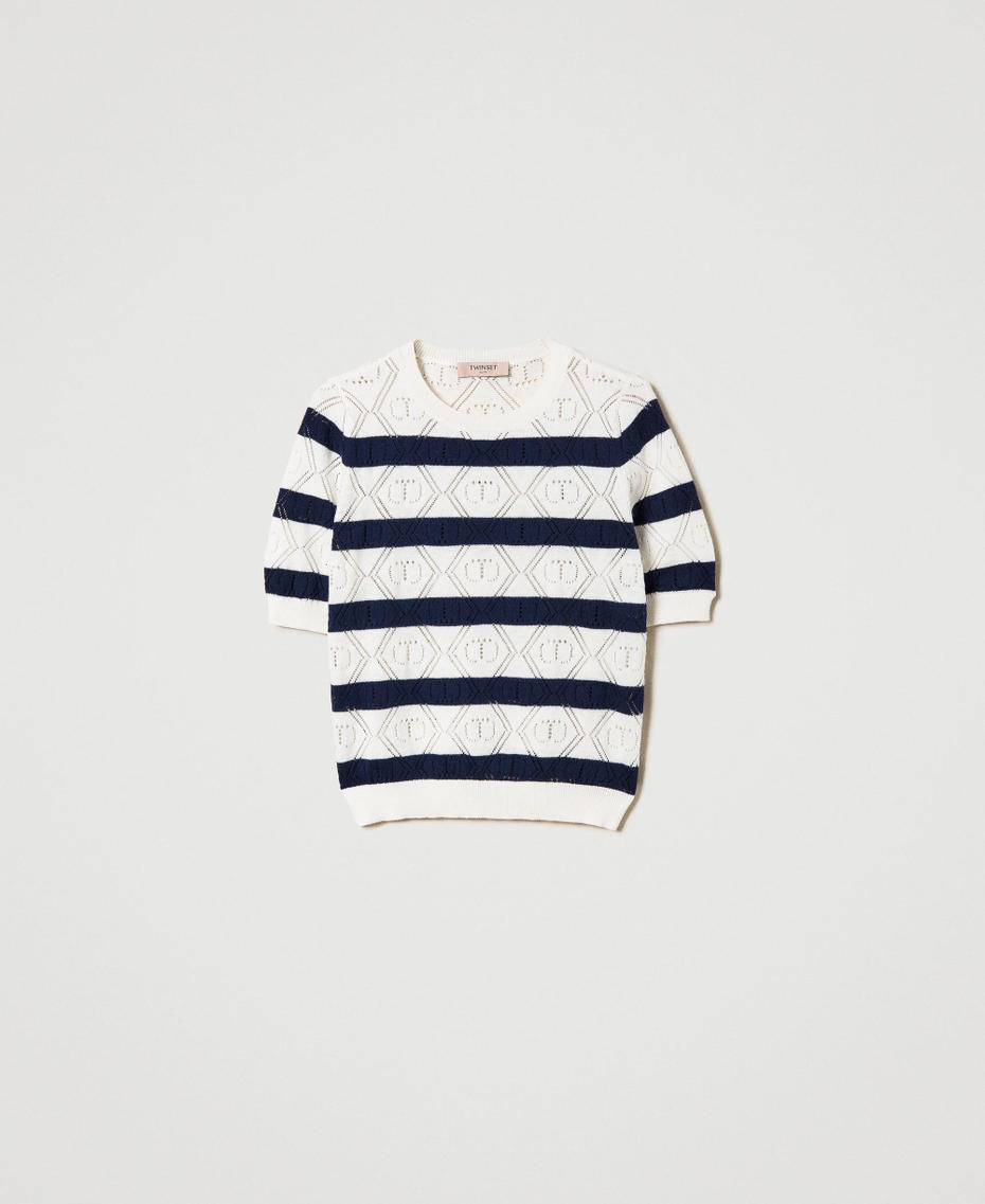 Kurzärmliger Pullover mit „Oval T“-Durchbruchmuster Zweifarbig Schnee / Mid Blue Frau 241TP3073_11463_S0