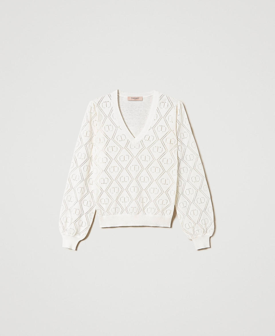 Pullover mit „Oval T“-Durchbruchmuster Weiß Schnee Frau 241TP3074_00282_S0