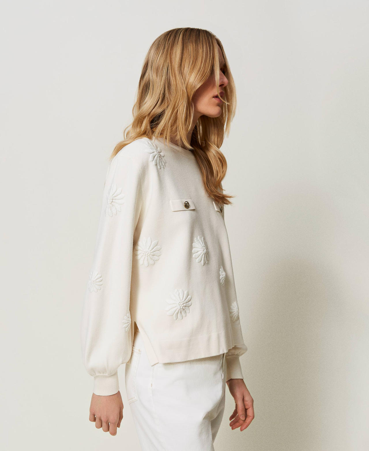 Maxi Maglia Con Ricamo A Fiori Donna Bianco Twinset Milano