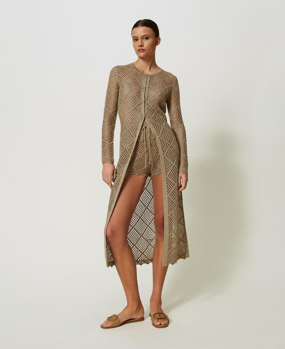 Long lurex mesh cardigan Lurex Pale “Hazelnut” Brown Woman 241TP3122_11520_01