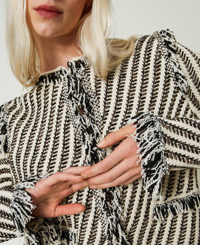 Jacquard knit jacket with fringes Snow / Black / Lurex Stripes Jacquard Woman 241TP3130-04