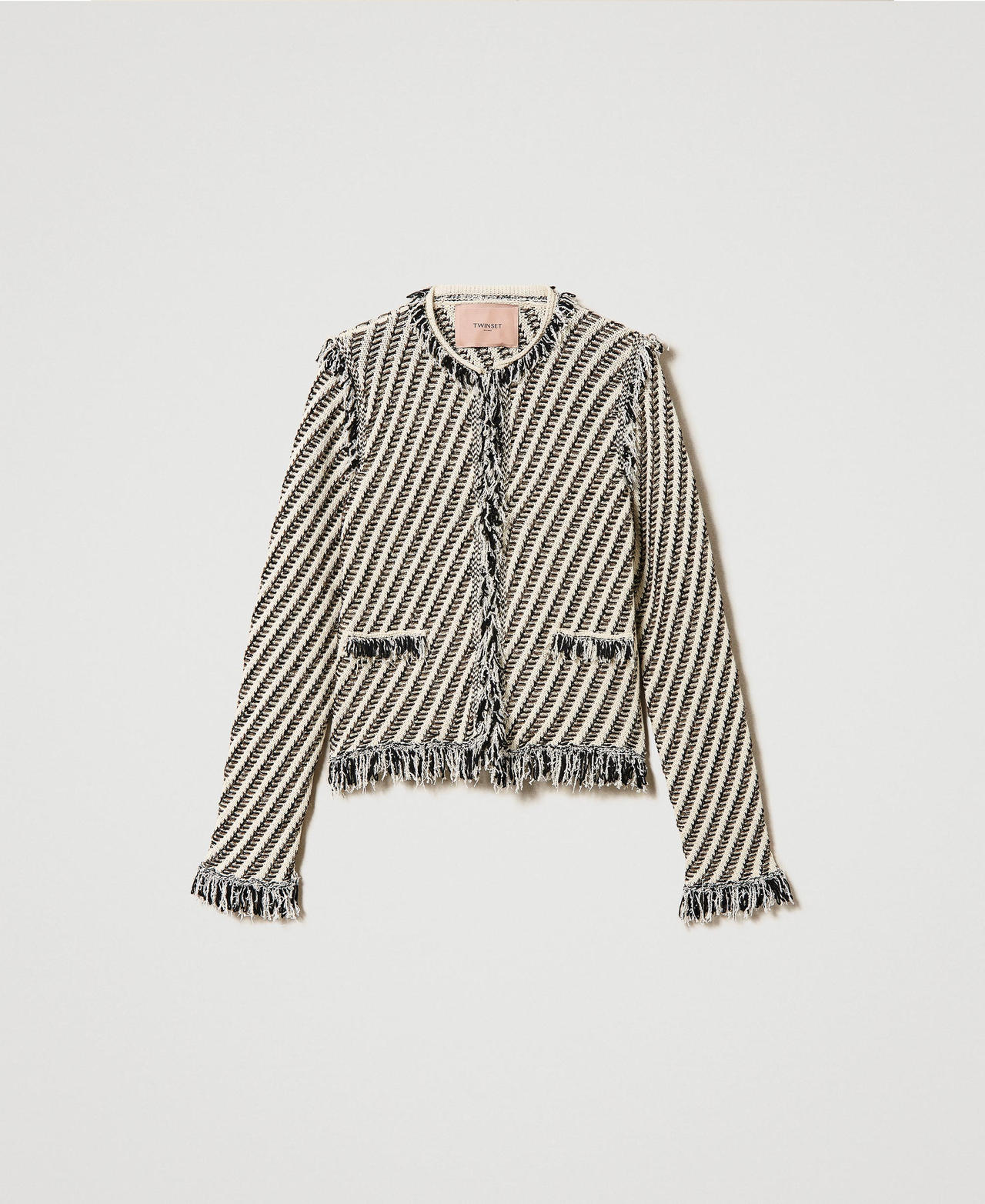 Jacquard knit jacket with fringes Snow / Black / Lurex Stripes Jacquard Woman 241TP3130_11369_0S