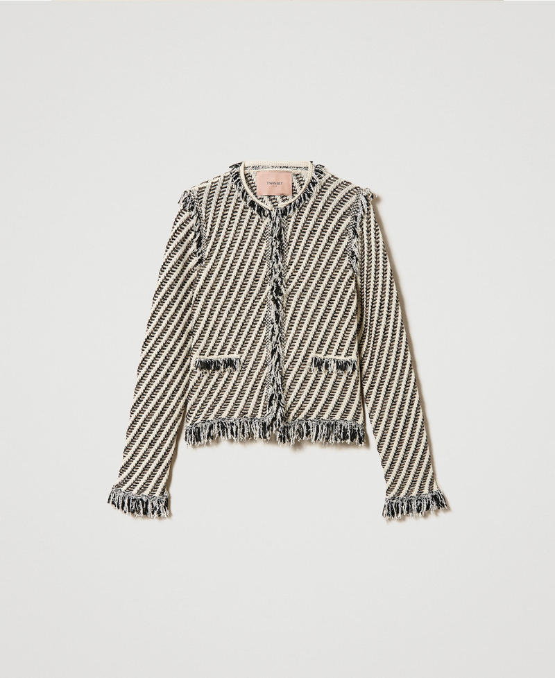 Jacquard knit jacket with fringes Snow / Black / Lurex Stripes Jacquard Woman 241TP3130_11369_0S