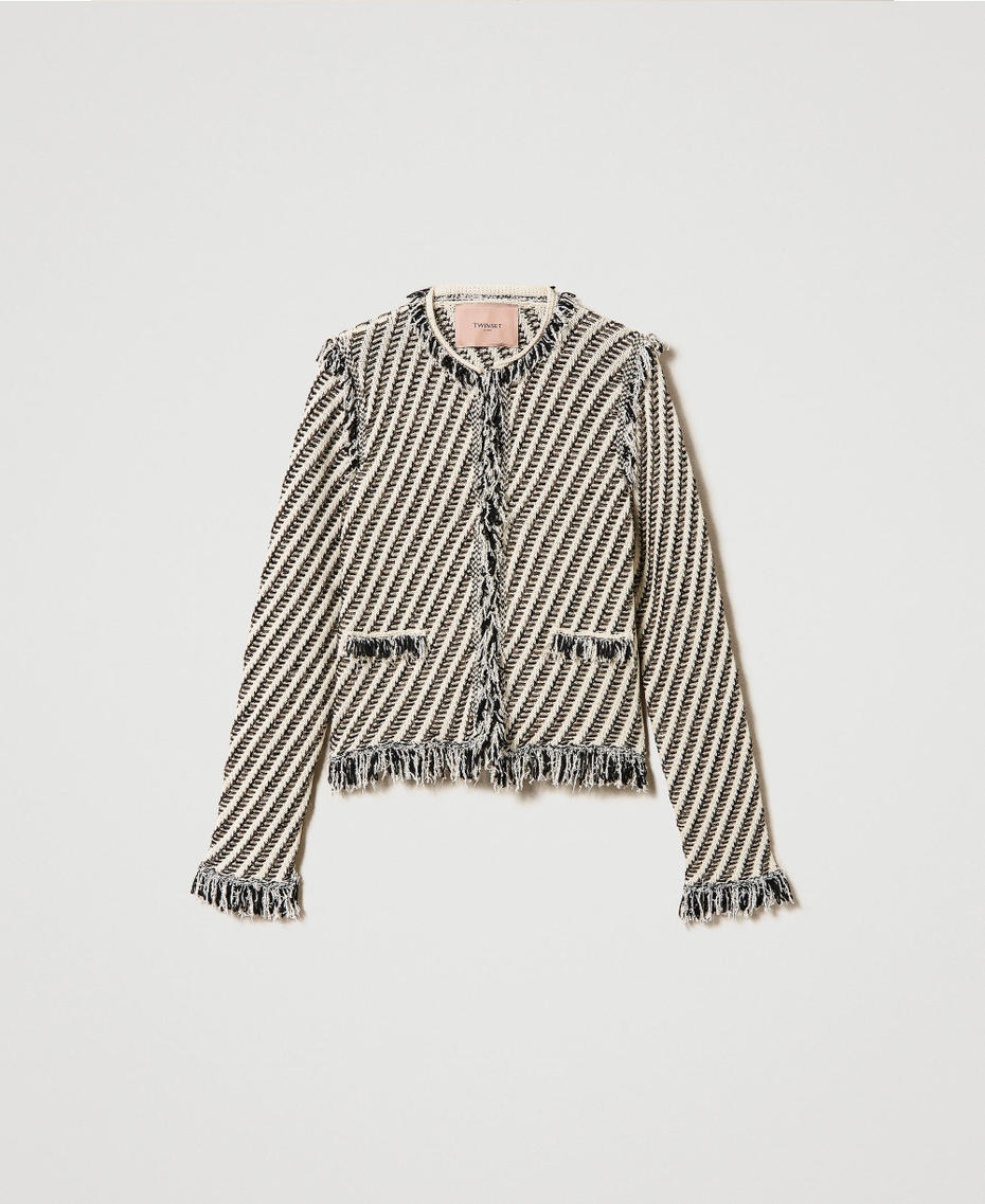 Jacquard knit jacket with fringes Snow / Black / Lurex Stripes Jacquard Woman 241TP3130-0S