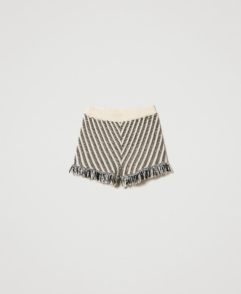 Jacquard knit shorts with fringes Snow / Black / Lurex Stripes Jacquard Woman 241TP3131-0S