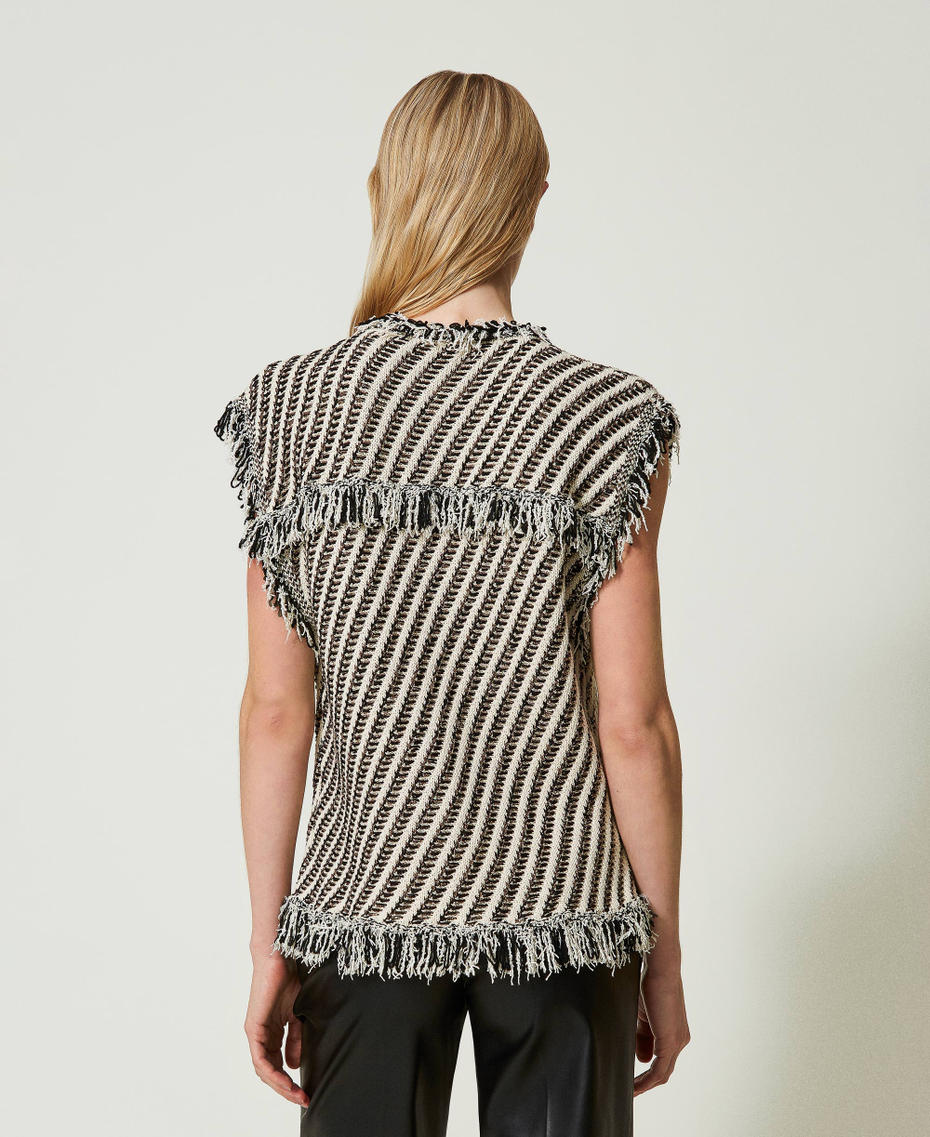 Jacquard knit sleeveless top with fringes Snow / Black / Lurex Stripes Jacquard Woman 241TP3133-03