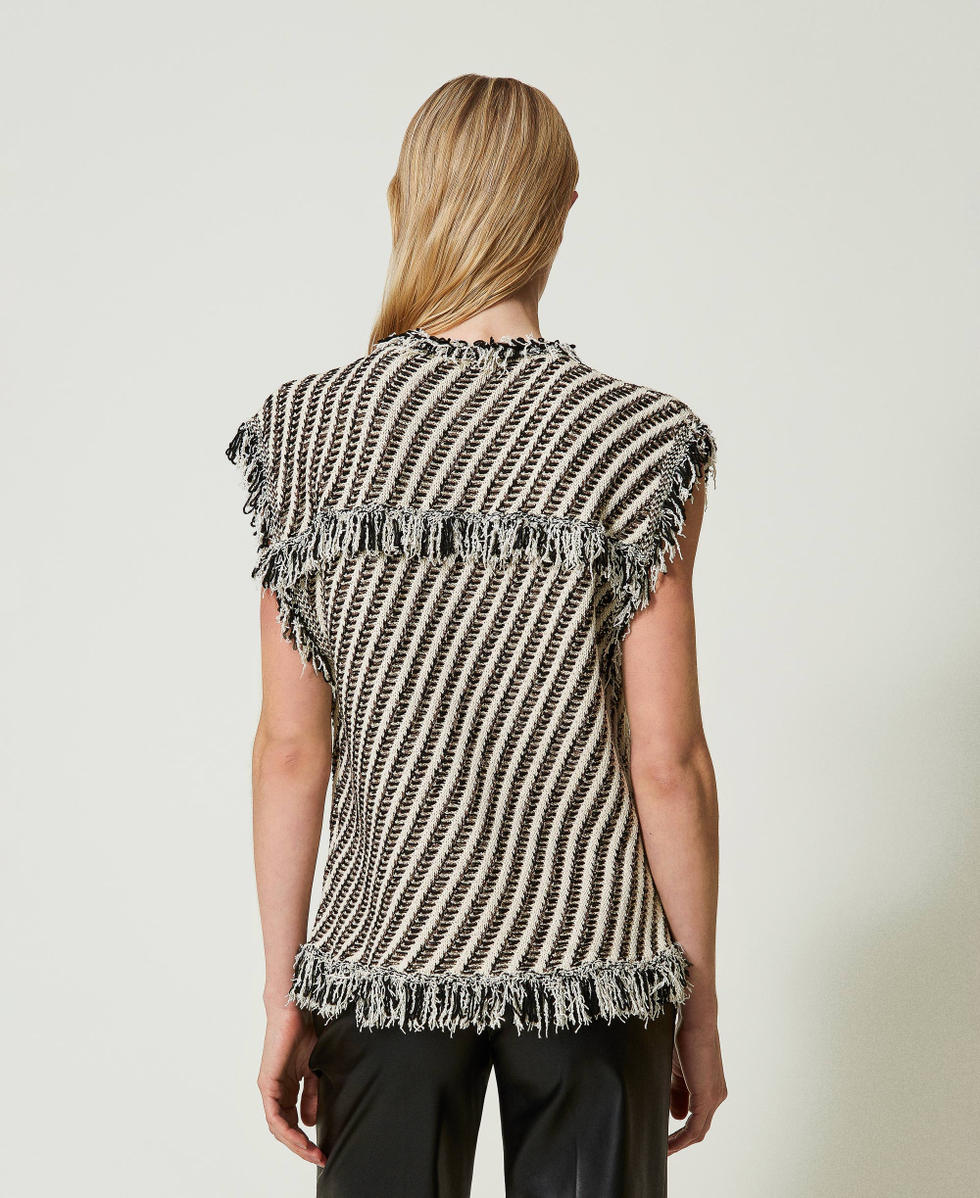 Weste aus Jacquard-Strick mit Fransen Jacquard Stripes Schnee / Schwarz / Lurex Frau 241TP3133_11369_03