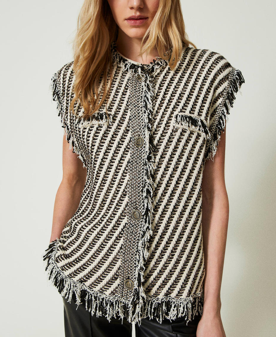 Jacquard knit sleeveless top with fringes Snow / Black / Lurex Stripes Jacquard Woman 241TP3133-04