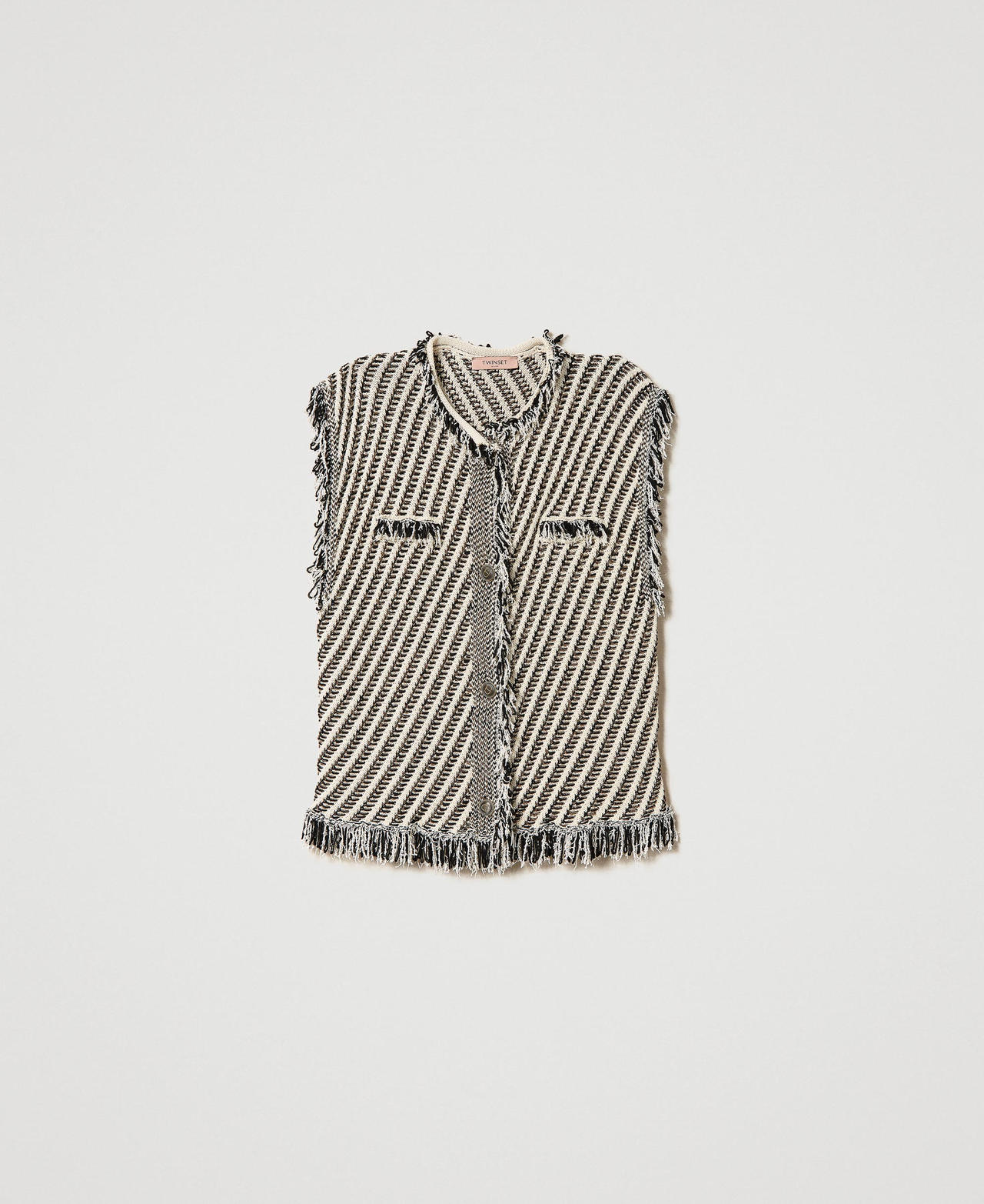 Jacquard knit sleeveless top with fringes Snow / Black / Lurex Stripes Jacquard Woman 241TP3133-0S