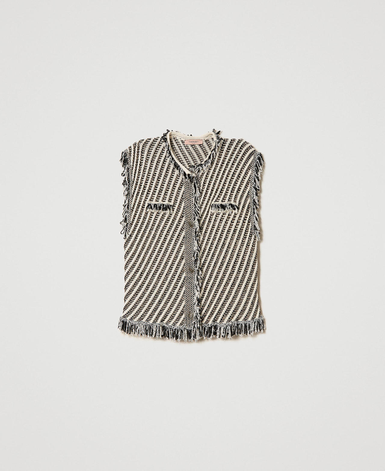 Jacquard knit sleeveless top with fringes Snow / Black / Lurex Stripes Jacquard Woman 241TP3133_11369_0S