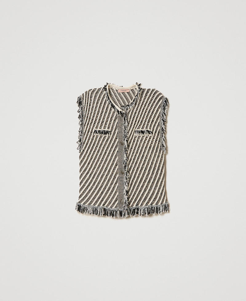 Jacquard knit sleeveless top with fringes Snow / Black / Lurex Stripes Jacquard Woman 241TP3133-0S