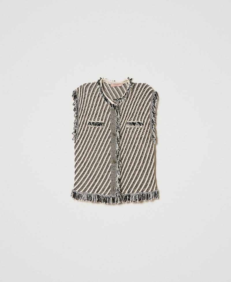 Jacquard knit sleeveless top with fringes Snow / Black / Lurex Stripes Jacquard Woman 241TP3133_11369_0S