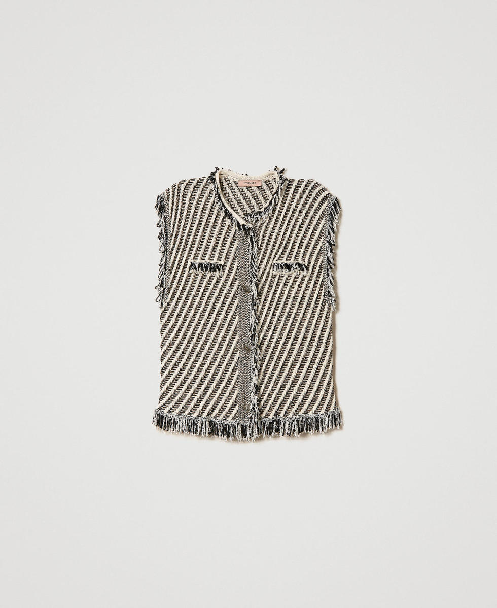 Weste aus Jacquard-Strick mit Fransen Jacquard Stripes Schnee / Schwarz / Lurex Frau 241TP3133_11369_S0