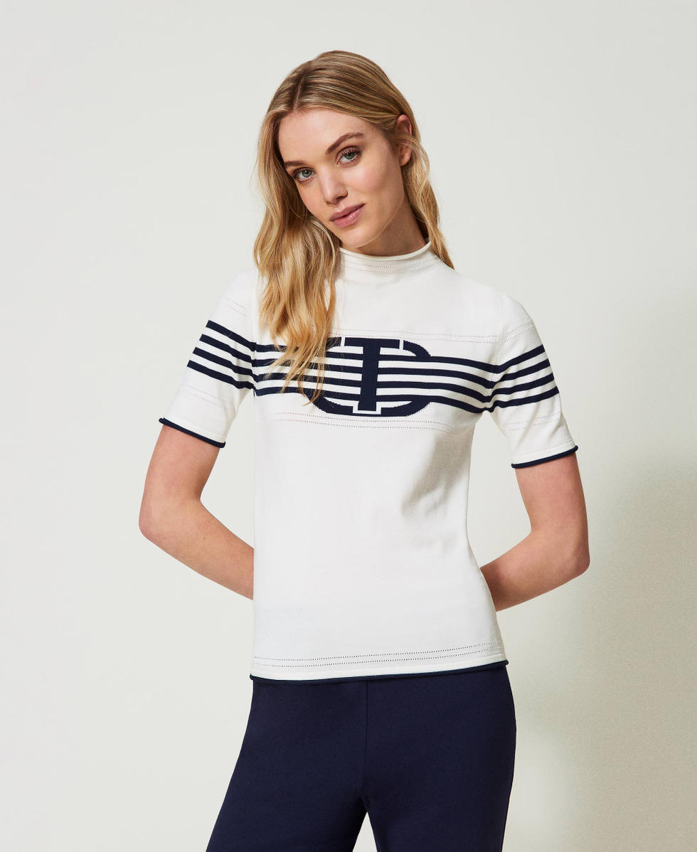 Turtleneck jumper with Oval T Two-tone Snow / Mid Blue Woman 241TP3190_11463_01