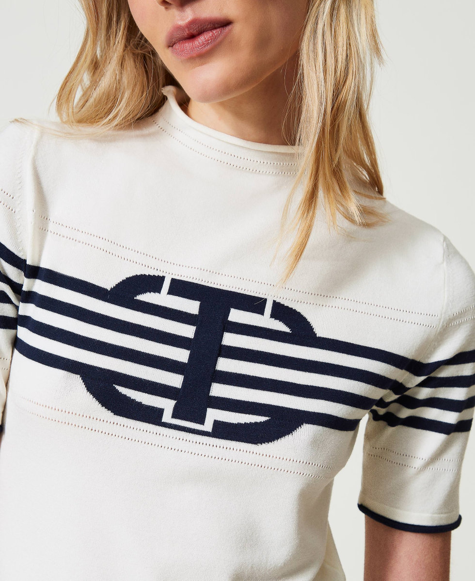 Turtleneck jumper with Oval T Two-tone Snow / Mid Blue Woman 241TP3190_11463_04