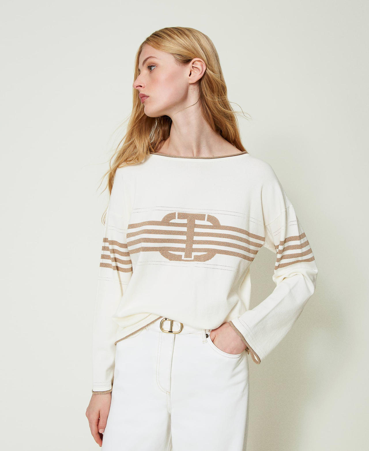 Jumper with inlaid Oval T Two-tone Snow / Beige Gold Woman 241TP3191-02