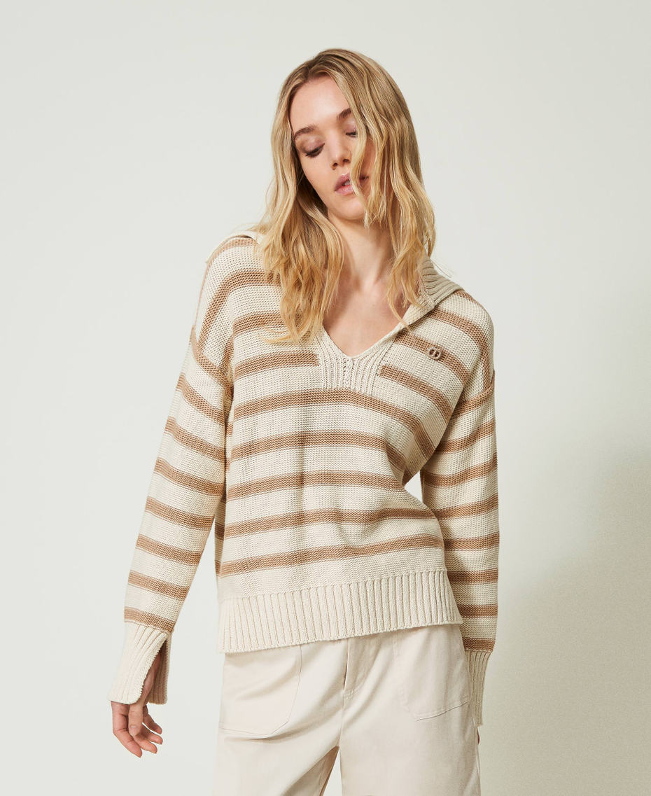 Striped maxi jumper with Oval T brooch Two-tone Snow / Pale “Hazelnut” Brown Woman 241TP3210-01