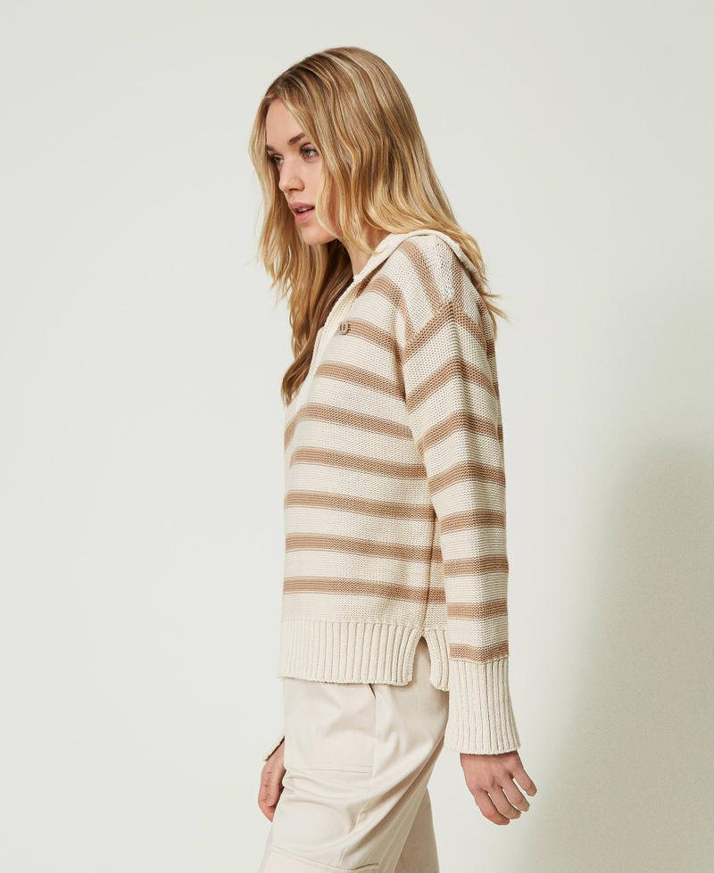 Striped maxi jumper with Oval T brooch Two-tone Snow / Pale “Hazelnut” Brown Woman 241TP3210-02