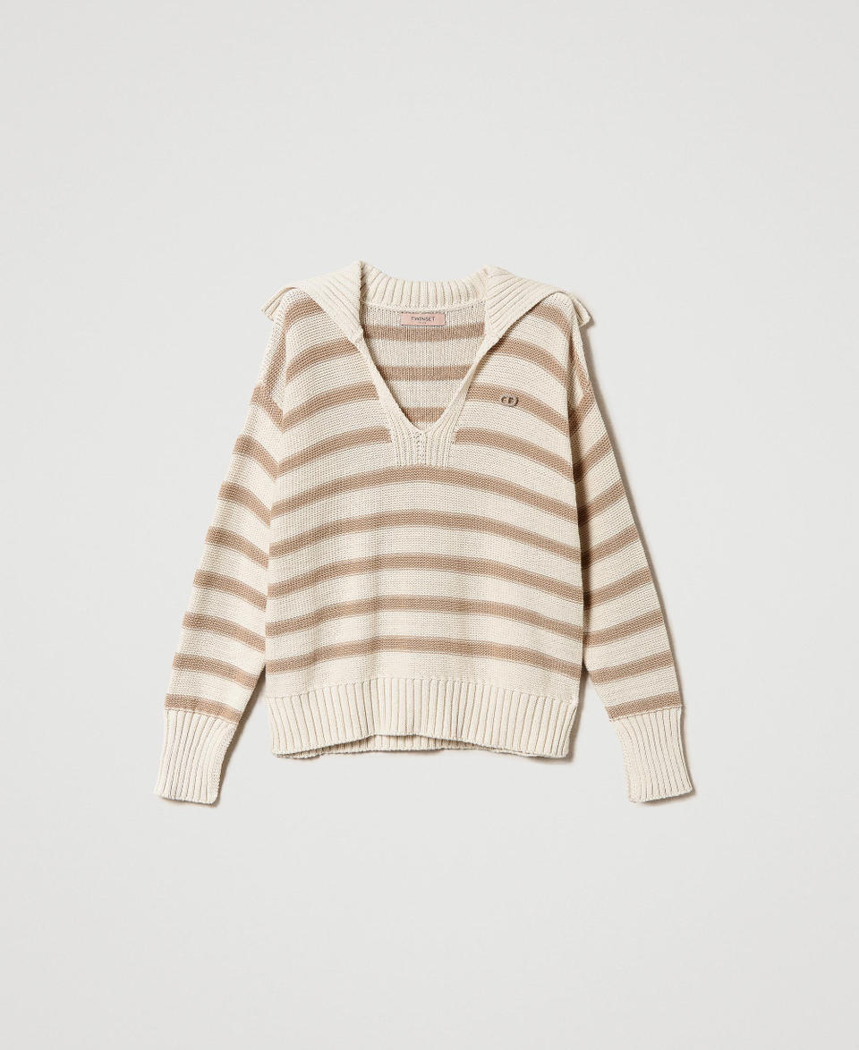Maxi maglia a righe con spilla Oval T Bicolor Neve / Marrone "Hazelnut" Chiaro Donna 241TP3210_11471_0S