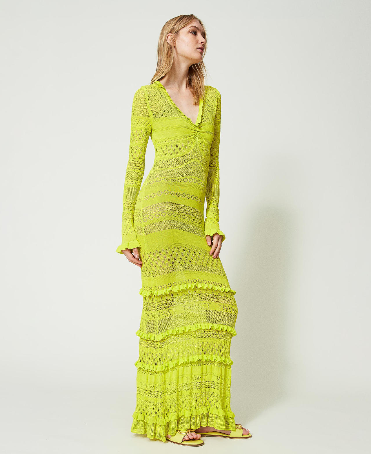 Fitted long openwork knit dress “Light Lemon” Yellow Woman 241TP3242-02